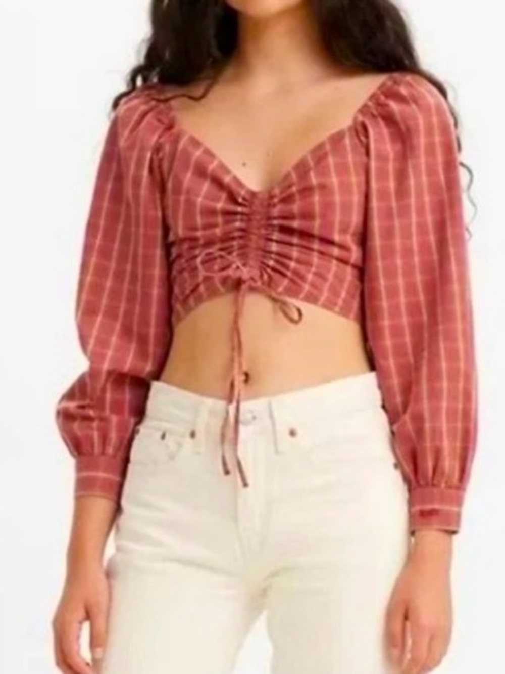 Women’s Burgundy Plaid Ruched Crop Top